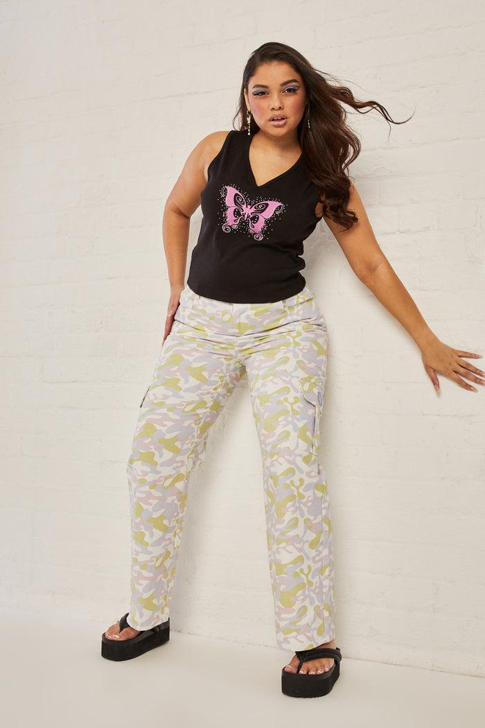 Daisy Street Daisy Street X Bratz Baggy Y2K Cargo Trousers In Pastel Camo