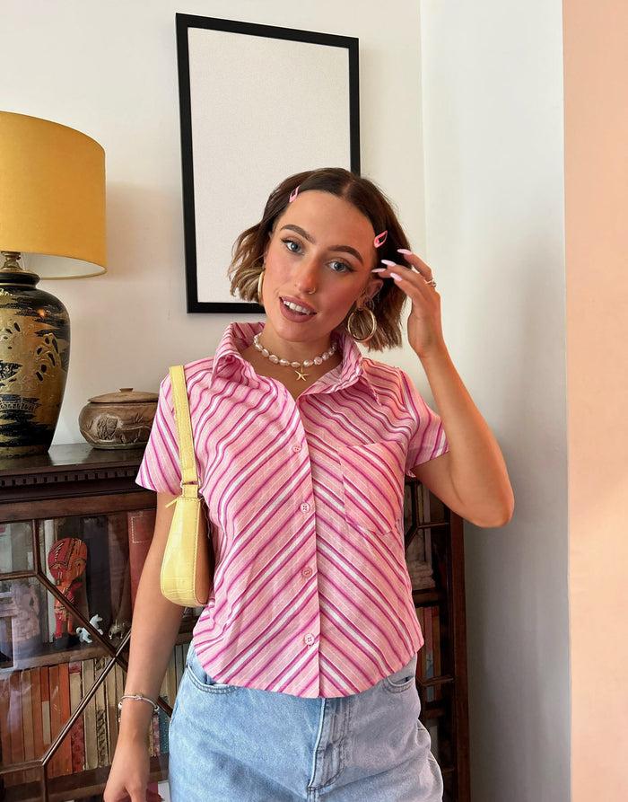 daisy street Daisy Street x Chloe Davie Pink Stripe Fitted Shirt