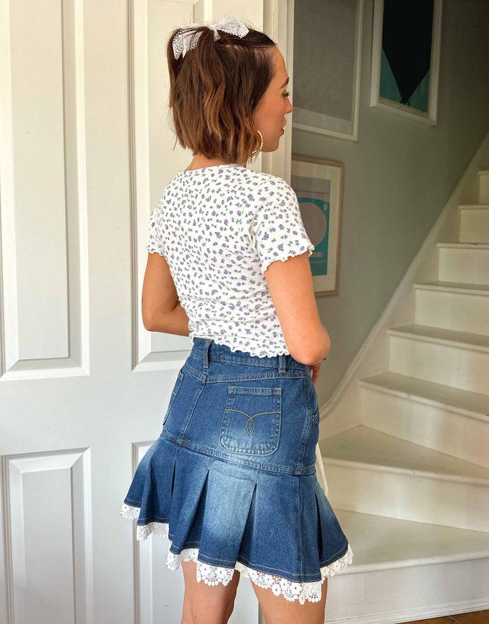 Daisy Street Daisy Street X Chloe Davie Y2K Mini Pleated Denim Skirt With Lace Trim