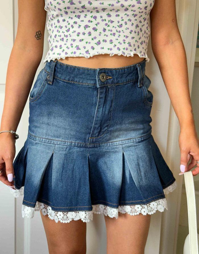 Daisy Street Daisy Street X Chloe Davie Y2K Mini Pleated Denim Skirt With Lace Trim