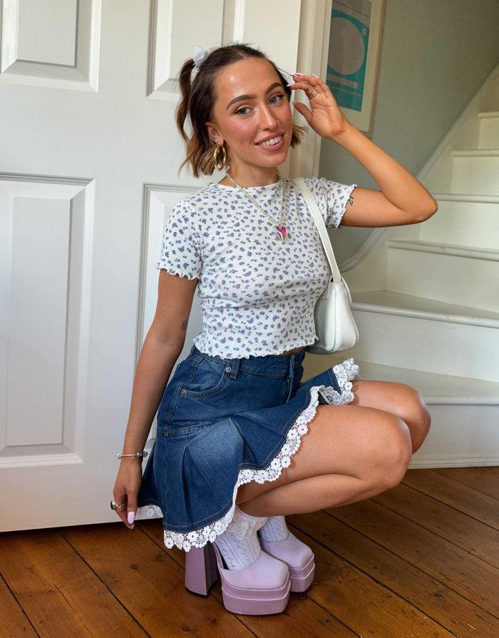 daisy street Daisy Street x Chloe Davie Y2K Mini Pleated Denim Skirt with Lace Trim