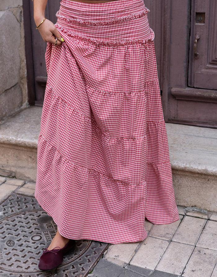 Daisy Street Daisy Street X Molly Mcfarlane Boho Tiered Ruffle Maxi Skirt In Red Gingham