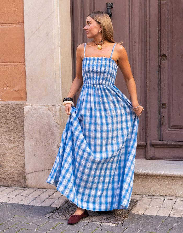 daisy street Daisy Street X Molly Mcfarlane Shirred Body Maxi Dress In Blue Check