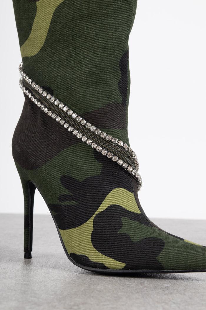 Daisy Street Tammy Girl Embellished Heeled Knee Boots In Camo
