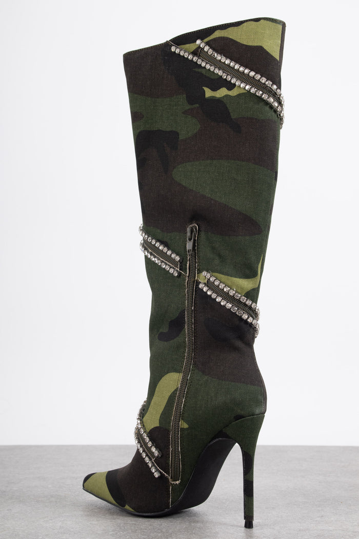 Daisy Street Tammy Girl Embellished Heeled Knee Boots In Camo