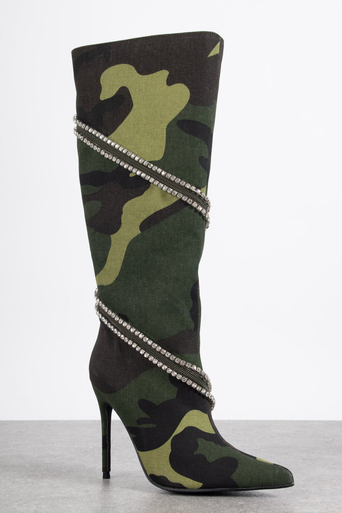 Daisy Street Tammy Girl Embellished Heeled Knee Boots In Camo