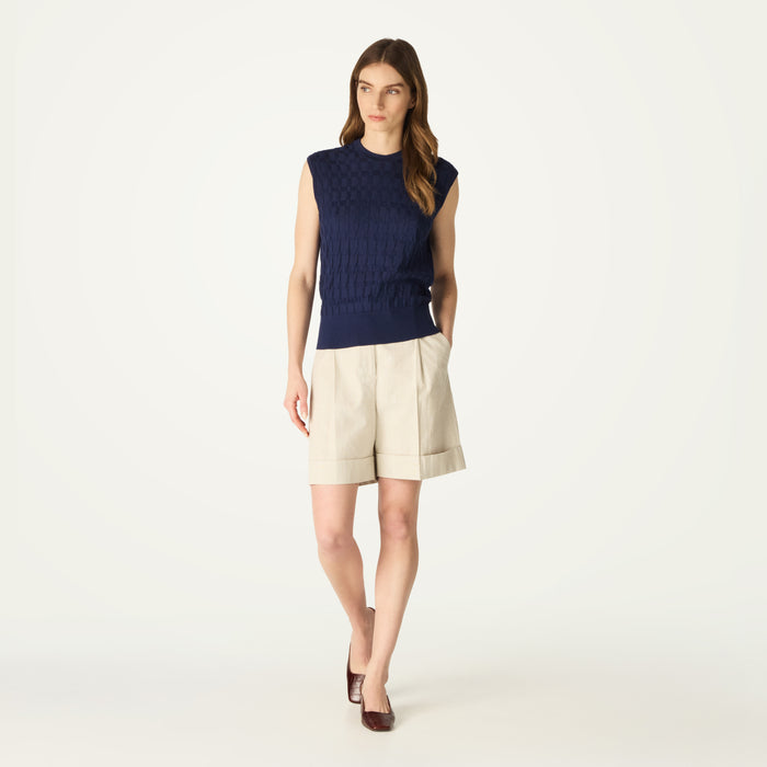 daks london DAKS X JOHN SMEDLEY HOUSE CHECK SLEEVELESS TOP - NAVY