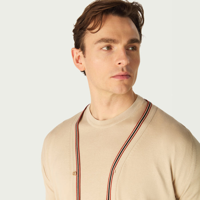 Daks London DAKS X JOHN SMEDLEY HOUSE STRIPE CARDIGAN - ALMOND