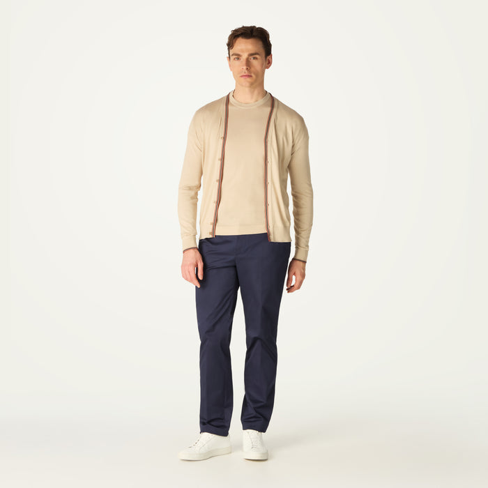 daks london DAKS X JOHN SMEDLEY HOUSE STRIPE CARDIGAN - ALMOND