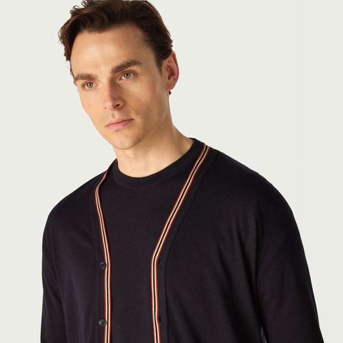 Daks London DAKS X JOHN SMEDLEY HOUSE STRIPE CARDIGAN - NAVY