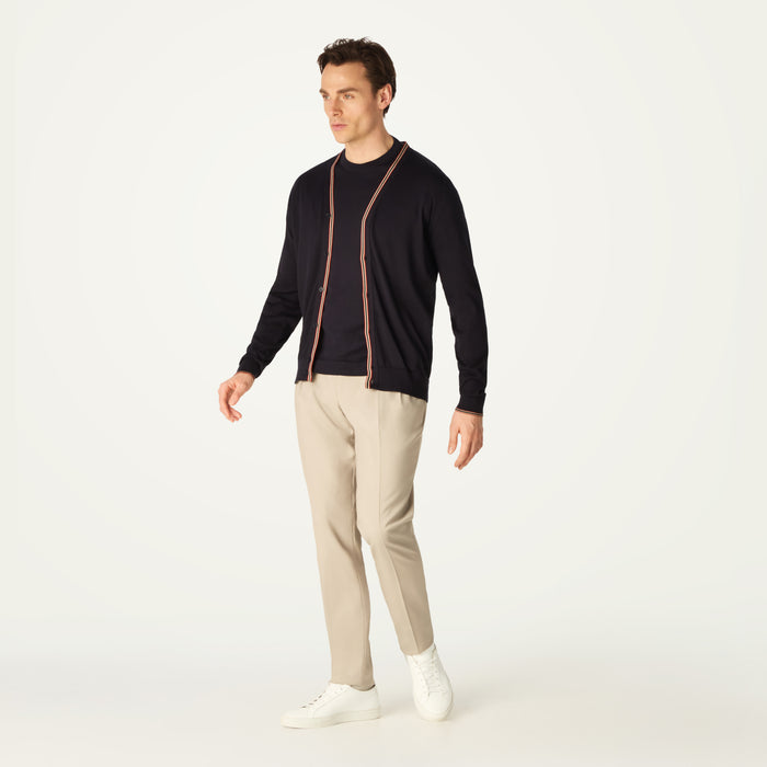 daks london DAKS X JOHN SMEDLEY HOUSE STRIPE CARDIGAN - NAVY