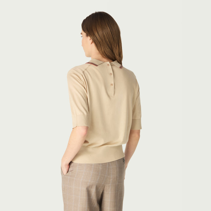 Daks London DAKS X JOHN SMEDLEY HOUSE STRIPE COLLARED TOP -ALMOND