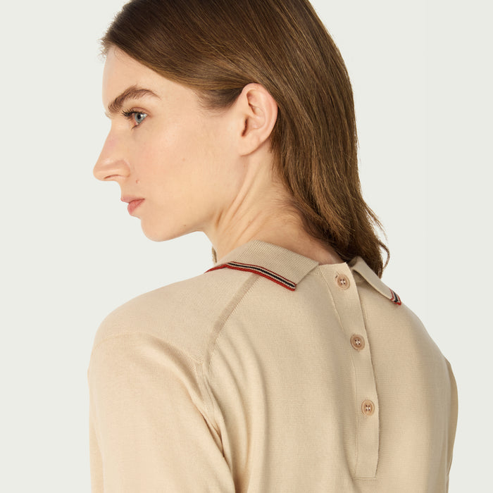 Daks London DAKS X JOHN SMEDLEY HOUSE STRIPE COLLARED TOP -ALMOND
