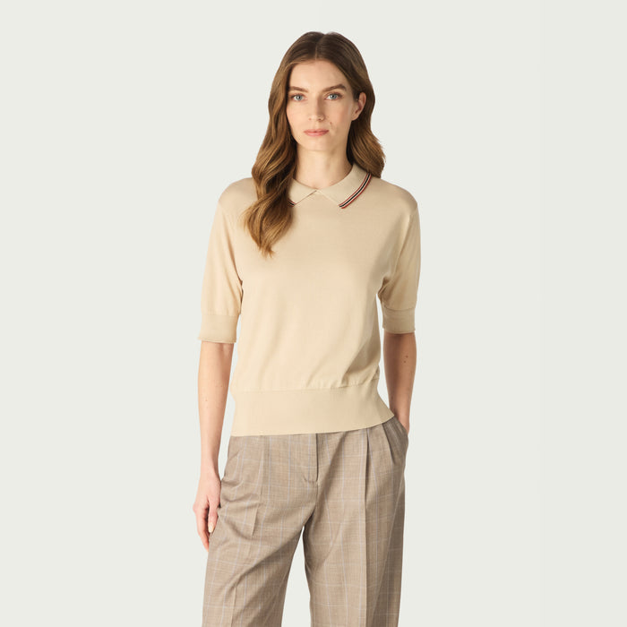 daks london DAKS X JOHN SMEDLEY HOUSE STRIPE COLLARED TOP -ALMOND