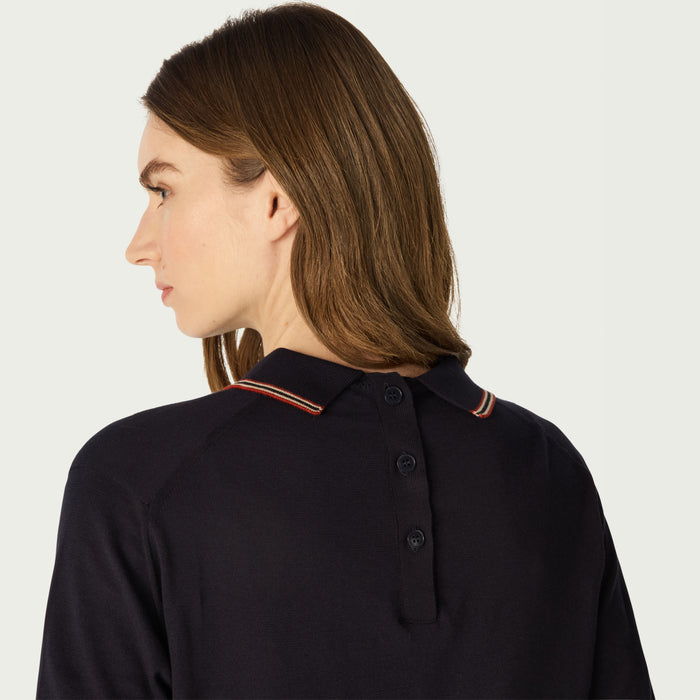 Daks London DAKS X JOHN SMEDLEY HOUSE STRIPE COLLARED TOP - NAVY