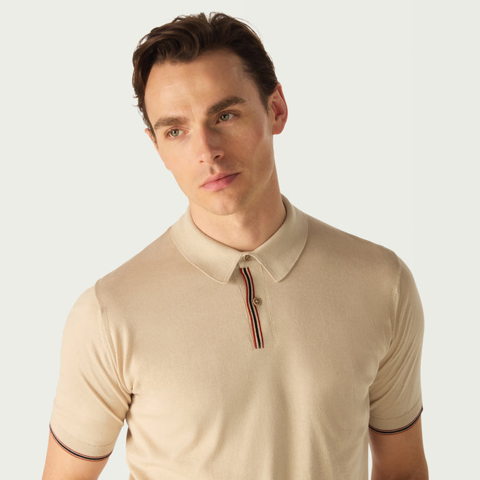 Daks London DAKS X JOHN SMEDLEY HOUSE STRIPE POLO SHIRT - ALMOND