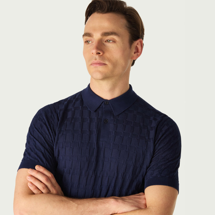 Daks London DAKS X JOHN SMEDLEY HOUSECHECK POLO SHIRT - NAVY