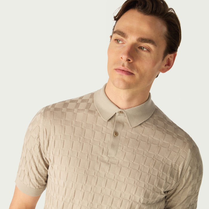Daks London DAKS X JOHN SMEDLEY HOUSECHECK POLO SHIRT - PARCHMENT