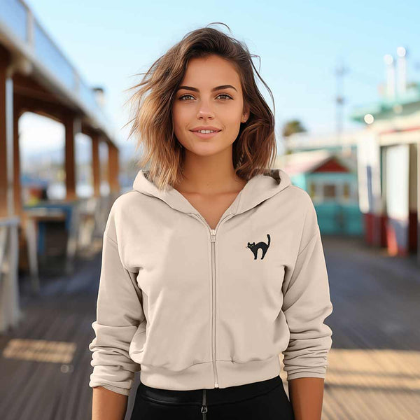 Dalix Dalix Black Cat Midweight Fleece Cropped Zip Hoodie
