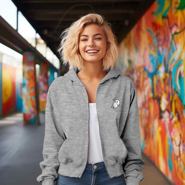 Dalix Dalix Heartly Ghost Midweight Fleece Cropped Zip Hoodie