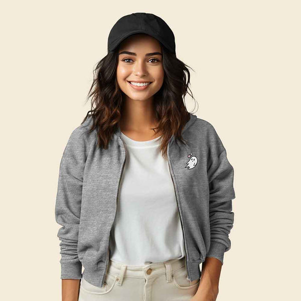 Dalix Dalix Heartly Ghost Midweight Fleece Cropped Zip Hoodie