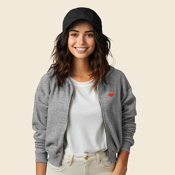 Dalix Dalix Pixel Heart Midweight Fleece Cropped Zip Hoodie