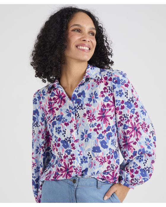 Damart Balloon Sleeve Floral Printed Blouse