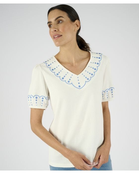 Damart Embroidered Puff Sleeve Top