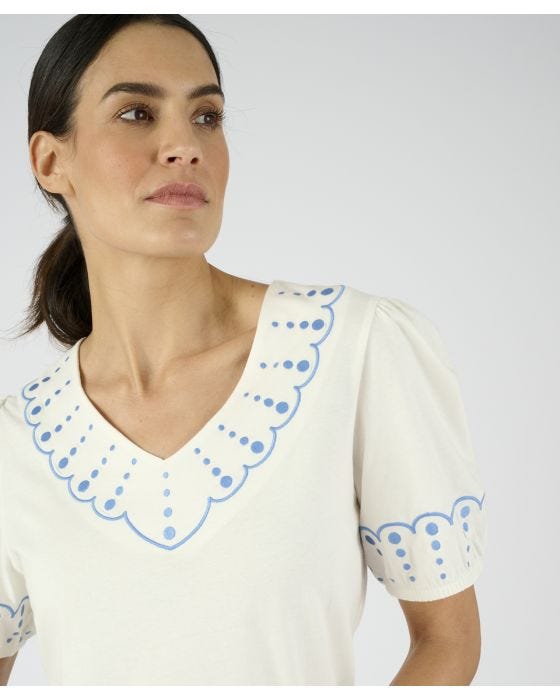 Damart Embroidered Puff Sleeve Top