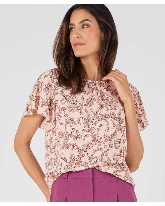 Damart Fluted Sleeves Round Neck Printed Top