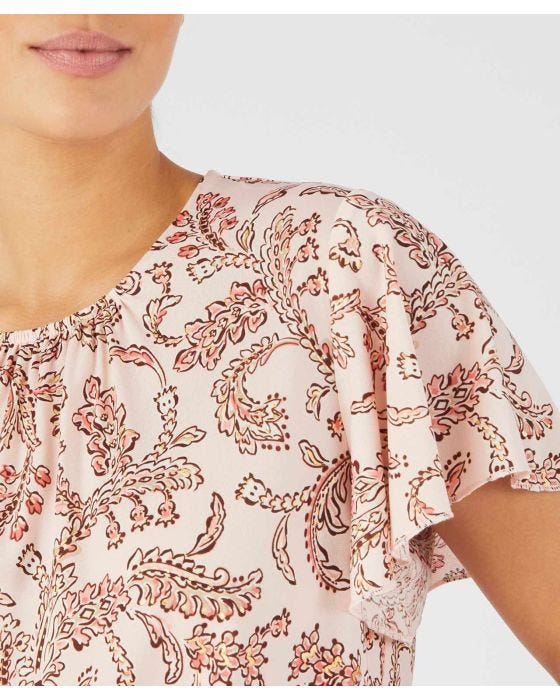 Damart Fluted Sleeves Round Neck Printed Top