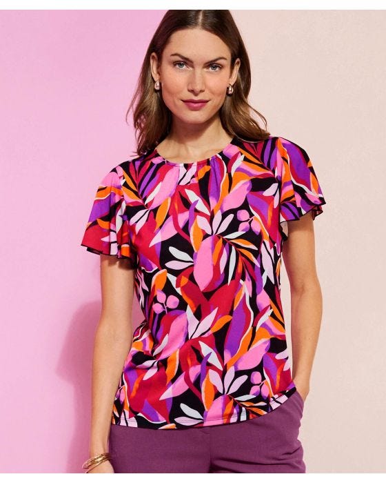 damart Fluted Sleeves Round Neck Printed Top