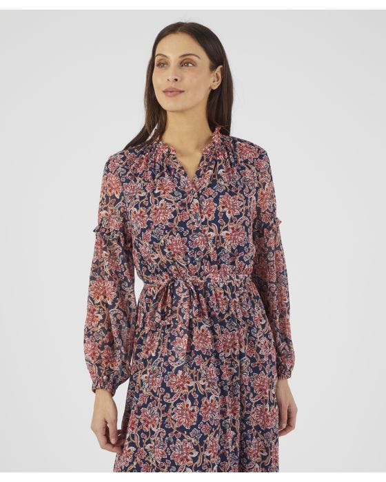 Damart Frill Neck Long Sleeved Print Dress