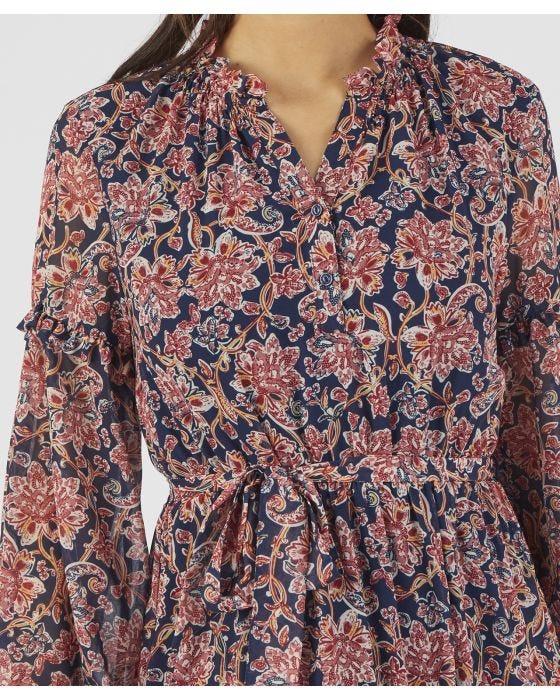 Damart Frill Neck Long Sleeved Print Dress