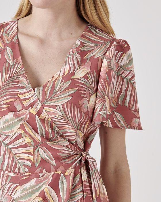 Damart Leaf Print Mock Wrap Dress