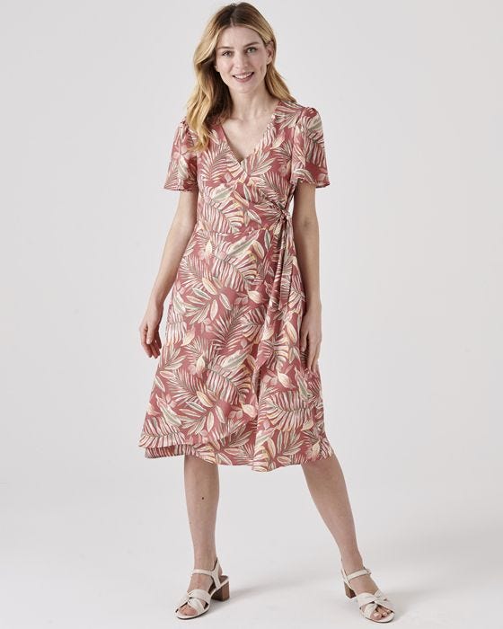 Damart Leaf Print Mock Wrap Dress