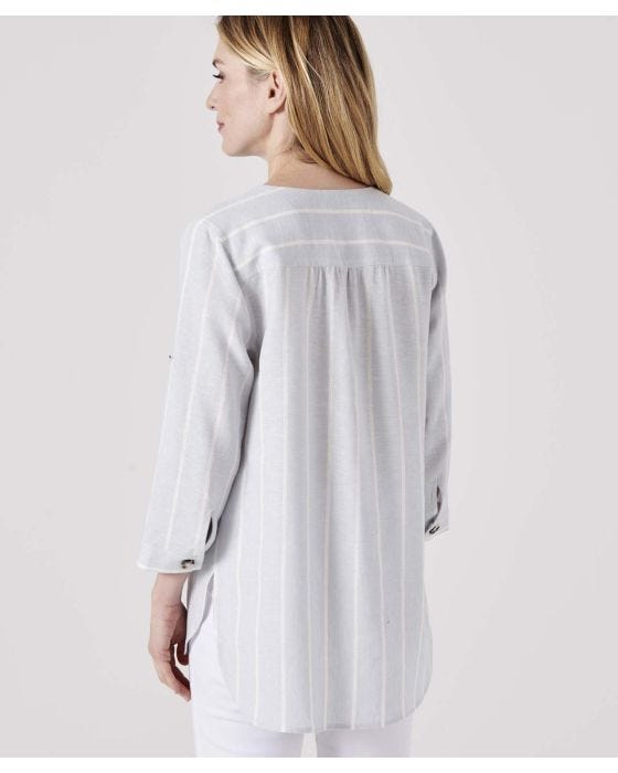 Damart Linen Rich Button Front Striped Blouse