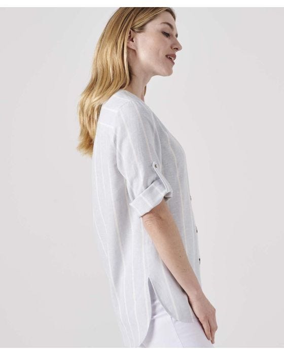 Damart Linen Rich Button Front Striped Blouse