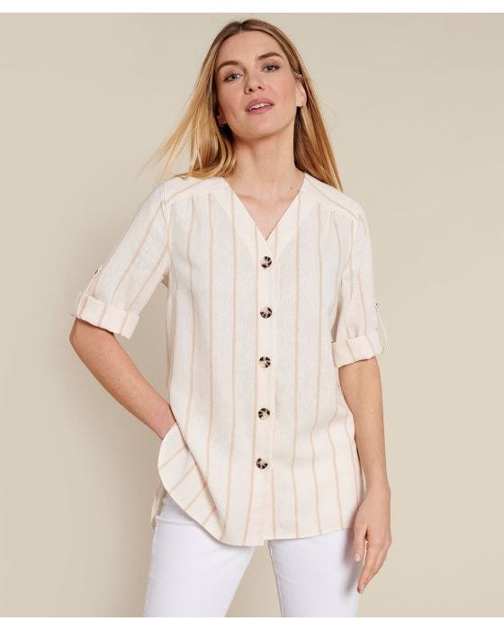 damart Linen Rich Button Front Striped Blouse