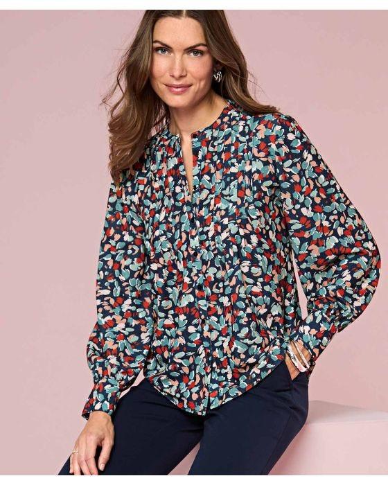 damart Long Sleeve Pleated Front Printed Blouse