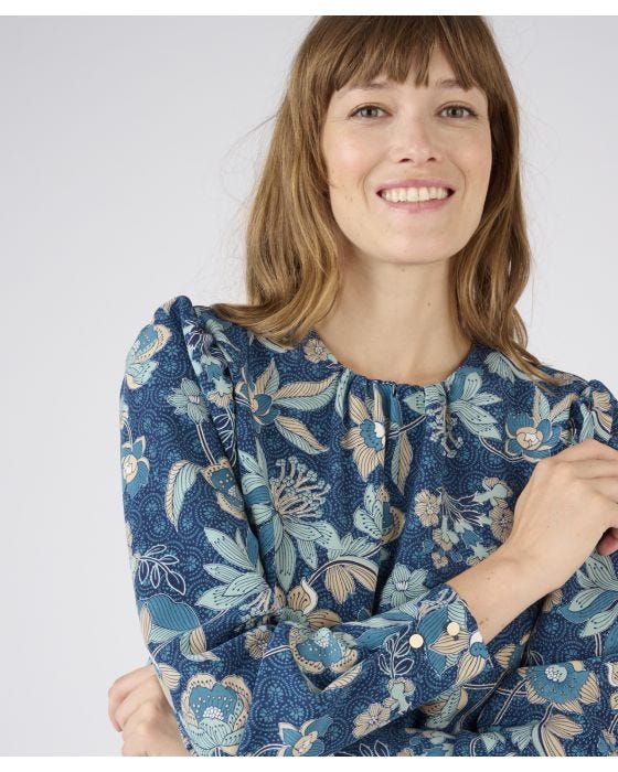 Damart Long Sleeved Neck Detail Printed Blouse