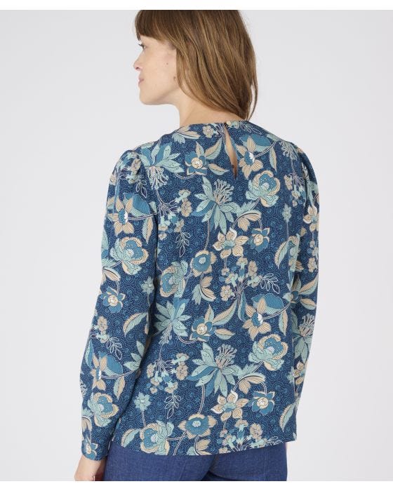 Damart Long Sleeved Neck Detail Printed Blouse