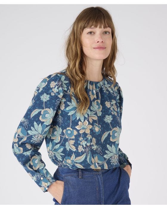 Damart Long Sleeved Neck Detail Printed Blouse