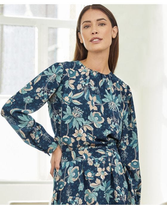 damart Long Sleeved Neck Detail Printed Blouse