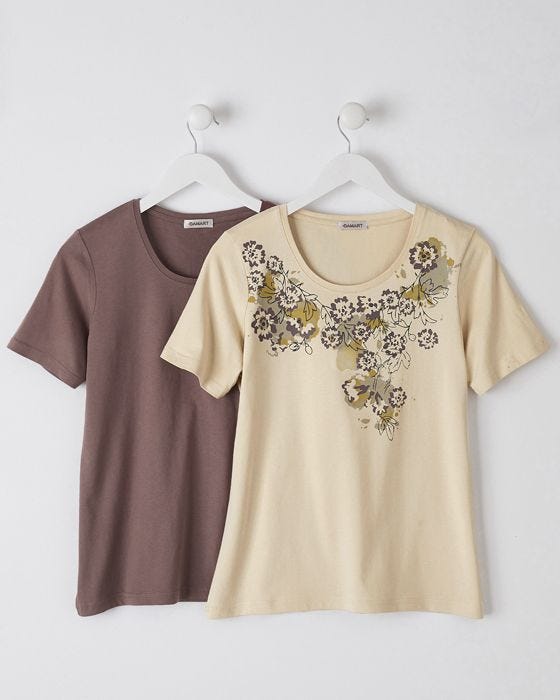Damart Pack Of 2 Neck Detail Cotton Print T-shirts