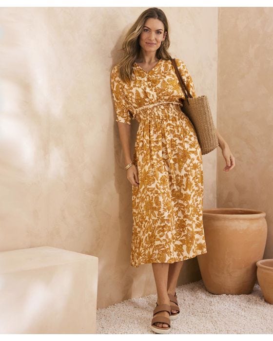 damart Print Dress With Smock Detail Waist