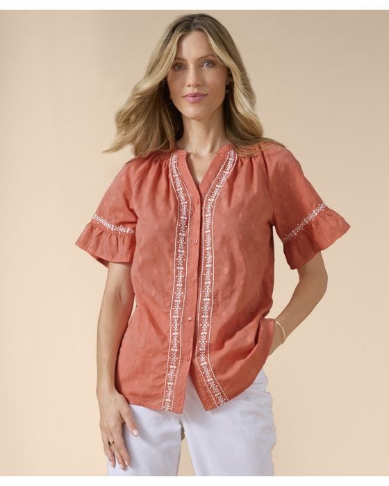 Damart Pure Cotton Boho Embroidered Blouse
