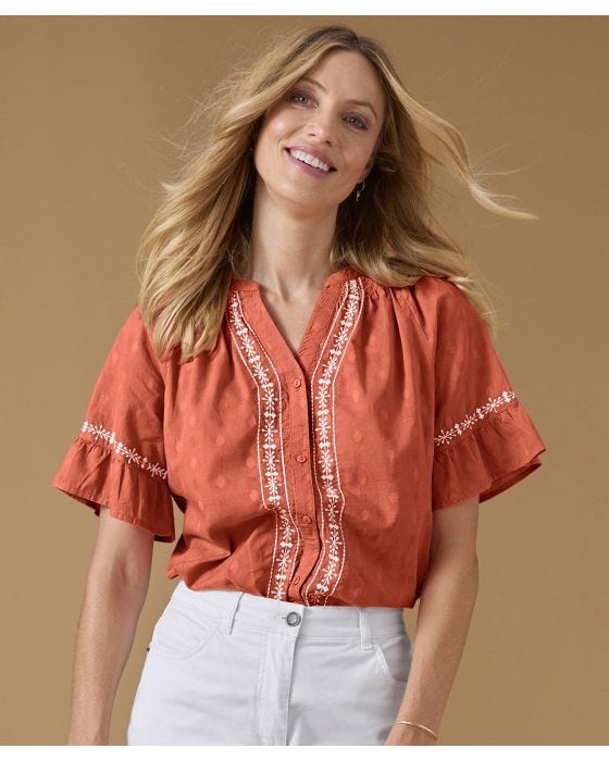 Damart Pure Cotton Boho Embroidered Blouse