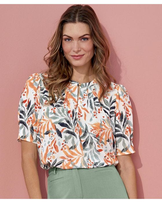 damart Short Sleeved Button Neck Printed Blouse
