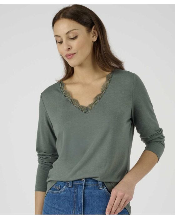 damart Skin Soft Long Sleeve Lace Trim T-shirt